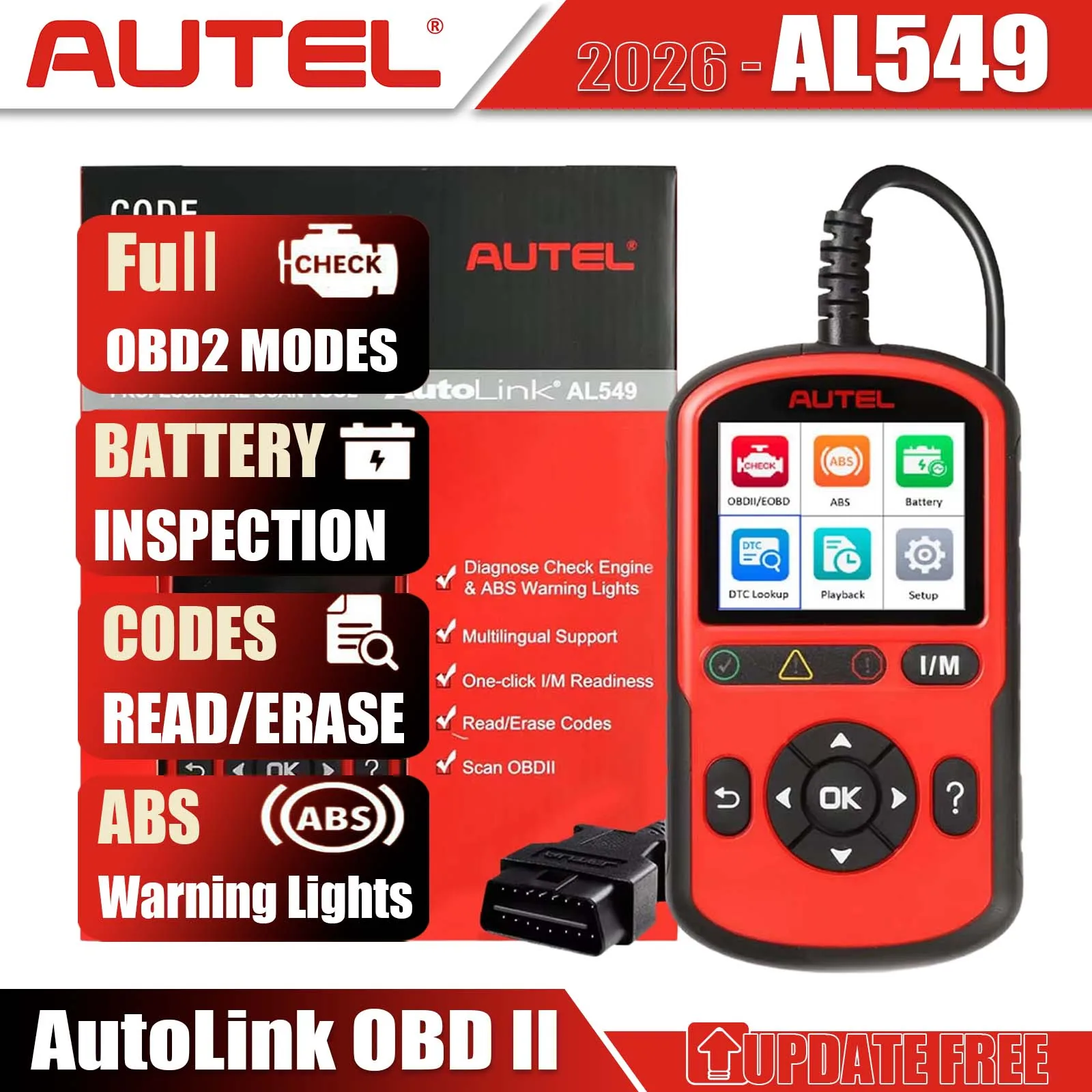 Autel AL549 OBD2 Scanner AutoVin Code Reader Erase ABS DTC Battery Test Check Engine Fault Diagnostic CAN Tool Upgraded of AL519
