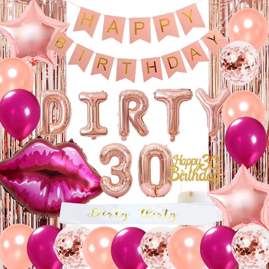 

Sursurprise 30th Birthday Party Decorations for Women, Rose Gold, Number 30 Lips, Foil Balloons, Banner Curtain, Birthday Suppli