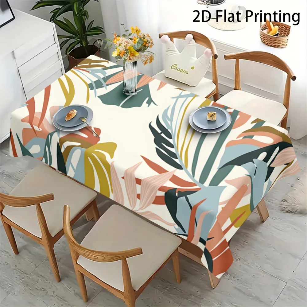 Red pottery color, sage green, mustard yellow and gray-blue tropical leaf patterns