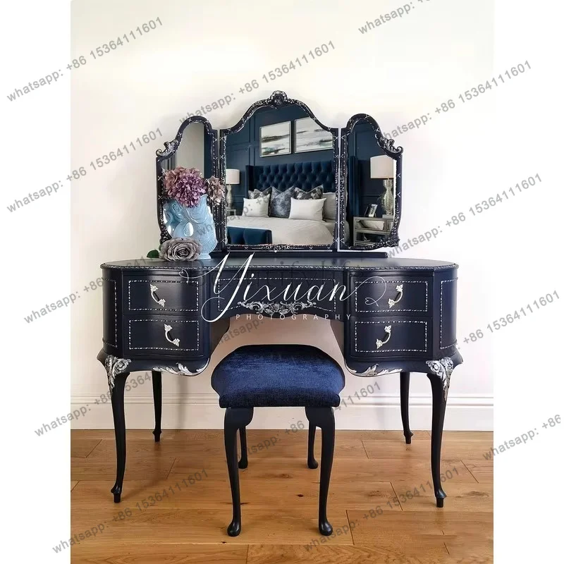 YJ French Vintage Luxury Custom Solid Wood Carved Bedroom Vanity Table Modern Dressing Table Set