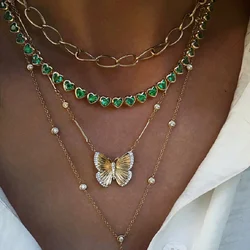 Green White Cubic Zirconia Bezel 5A CZ Heart Shaped Tennis Chain 16Inches Fashion Women Choker Necklace High Quality