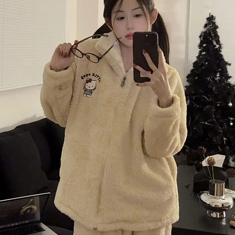 

Ins Style Cartoon Hello Kitty Autumn Winter Long-sleeved Pajamas Sweet Girl Plus Velvet Thickened Warm Zipper Home Clothes Set