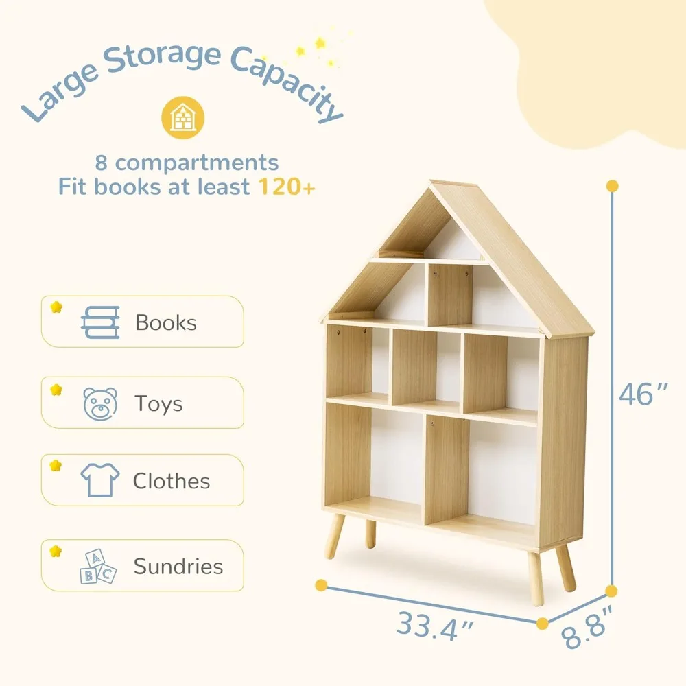 Kids Dollhouse Bookshelf and Baby Storage - Wooden Stand Dollhouse Bookcase with 4-Tier Storage Display Organizer8.8Dx33.4Wx46H