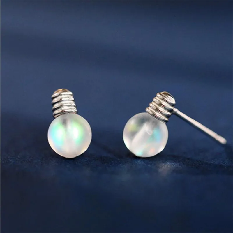 New Personality Sweet Colorful Moonstone Bulb 925 Sterling Silver Jewelry Compact Temperament Crystal Stud Earrings  E098