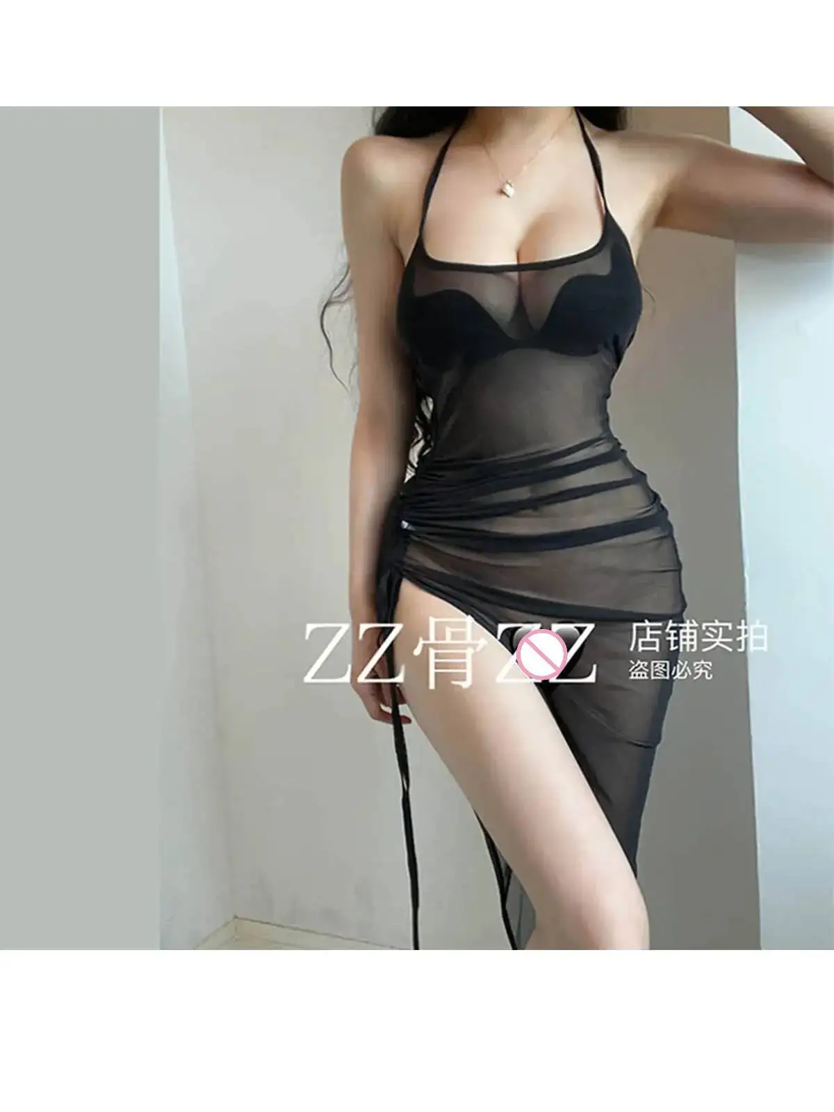New Sweet Cool Drawstring Lace Up Slit Mesh Transparent Sexy Dress Elegant Black Thin Fashion Women Mini Dress Tops 01LD