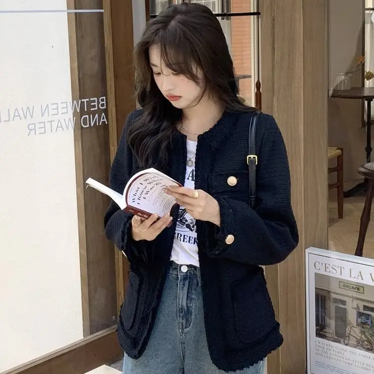 Jaqueta de Tweed Feminina Leve para Primavera, Estilo Coreano Popular para Estudantes Universitárias e Adolescentes, Estilo Preppy para o Dia a Dia e Escola