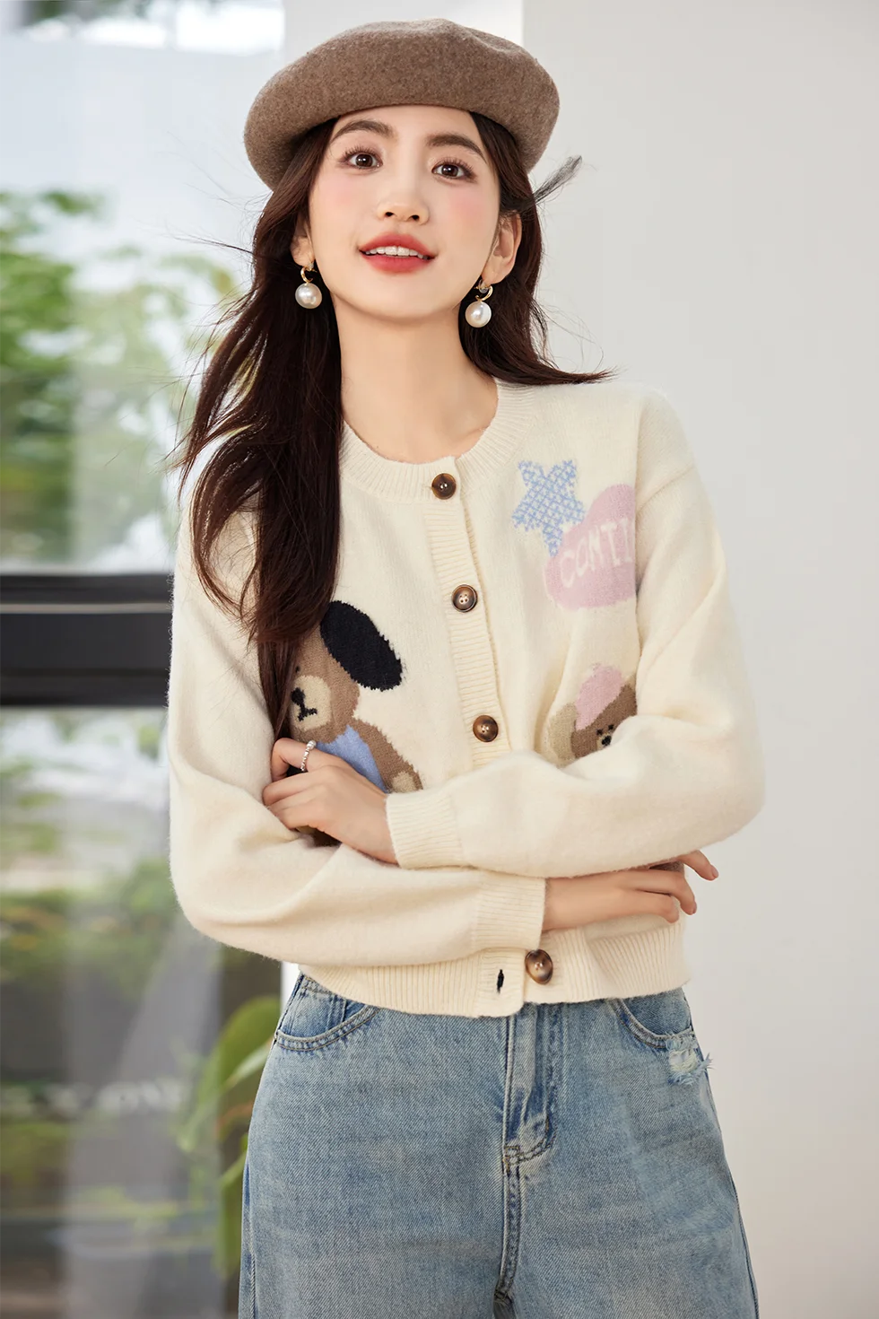 Korean Sweet Cartoon Teddy Bear O-Neck Jacquard Sweater Knitted For Women Autumn and Winter New Fahion Versatile Casual Top