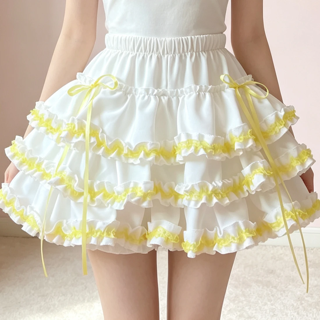 Sweet Kawaii Lolita Tiered Ruffle Cake Mini Skirt Yellow Lace Trim Bow Elastic Waist Safety Liner Women Frilly Flowy Short Skirt