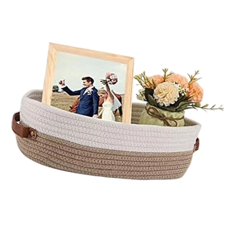  Spacious Oval Cotton Rope Handwoven Basket With Ergonomic Leather Handles For Multipurpose Storage