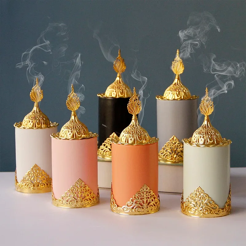 Arabic Metal Ceramic Incense Burner With Gold Tower Lid Middle East Muslim Censers Sticks Holder for Home Office Decoration