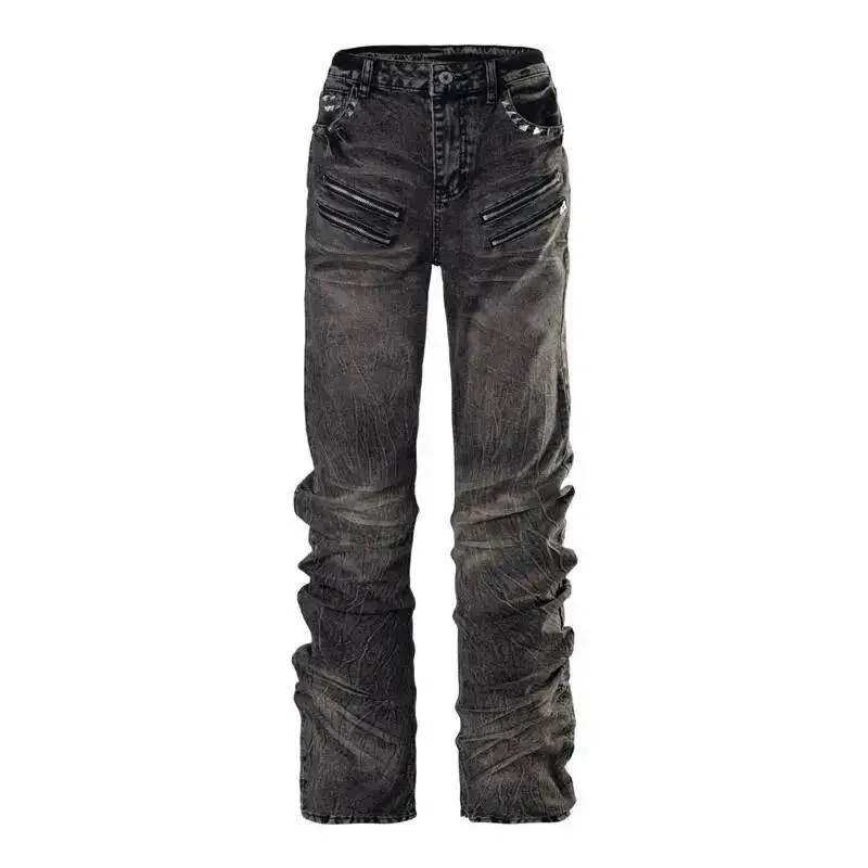 American Retro Subculture Vintage Washed Stacked Pleated Men Jeans Loose Straight Multi Zipper Long Denim Trousers MD56