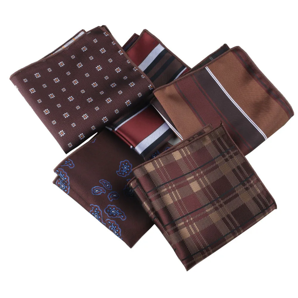 Trendy Brown Pocket Square Men Fashion Navy Flower Striped Handkerchief Small Scarf Wedding Party Suit Accessories Elegant Hanky