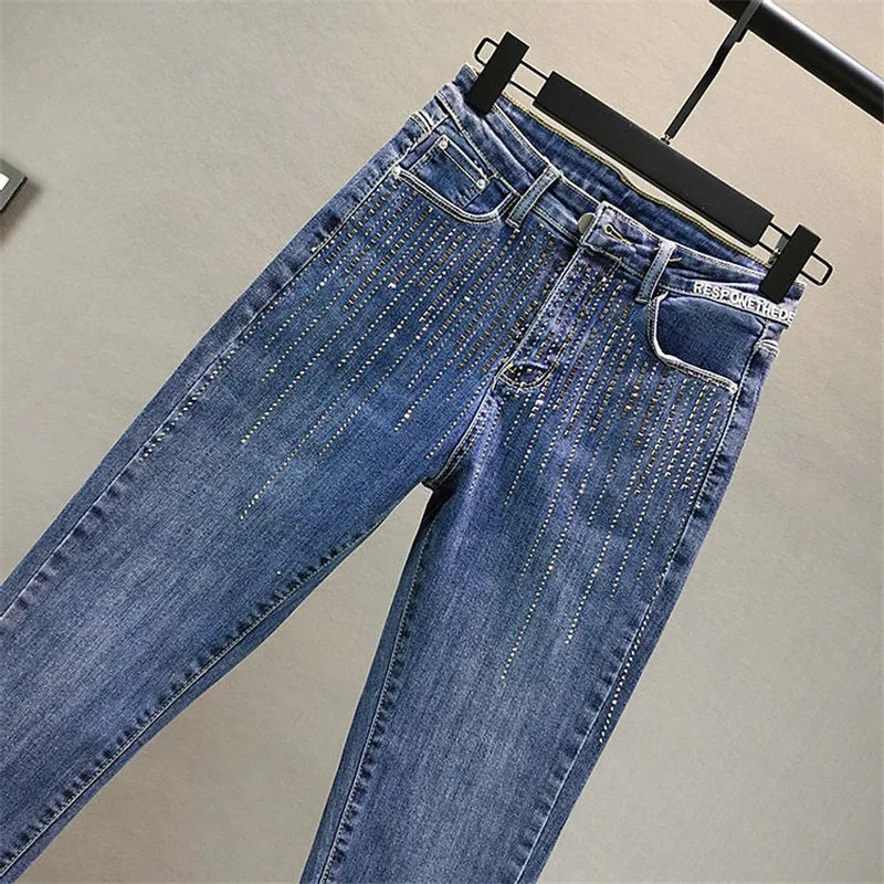 Ladies Heavy Industry Rhinestone Skinny Jeans 2023 Spring Summer High Waist Women Blue Denim Pants Korean Street Stretch Pants