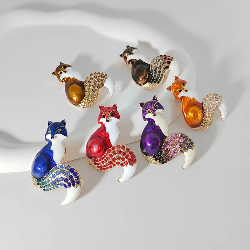 Rhinestone Animal Corsage Lapel Pin Scarf Bag Clothes Colorful Glaze Jewelry Gift for Women Friends Children 6Colors Fox Brooch-