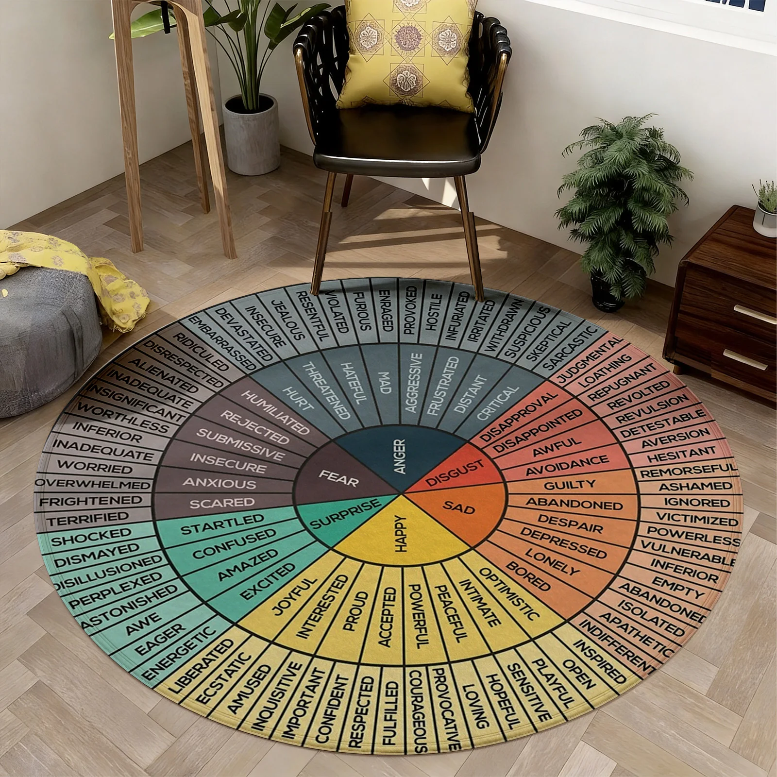 Abstract Round Emotion Words Area Rug Carpet Mat Psychology Home Decor Living Room Accent Piece Modern Mood Theme Gift Gift for