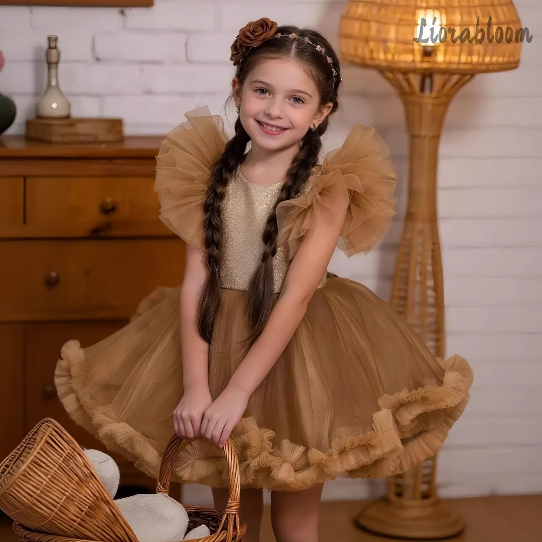 

Girls' Brown Flutter-Sleeve Dress Tulle Flower Girl Gown Multi-Layered Fluffy Party Dress Wedding Attire Short Formal Dress