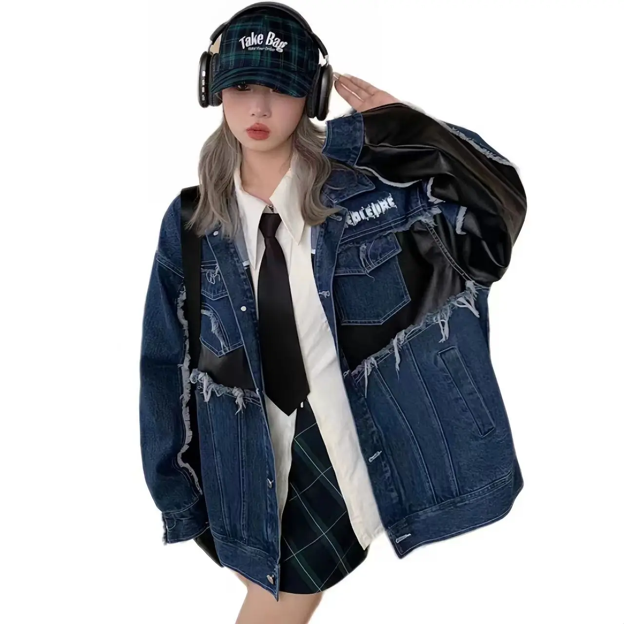 Patchwork Denim Jackets for Women, Streetwear, Jeans Tops, Single Breasted, Pocket Lapel, Loose Cowboy Coat, Female Clothing