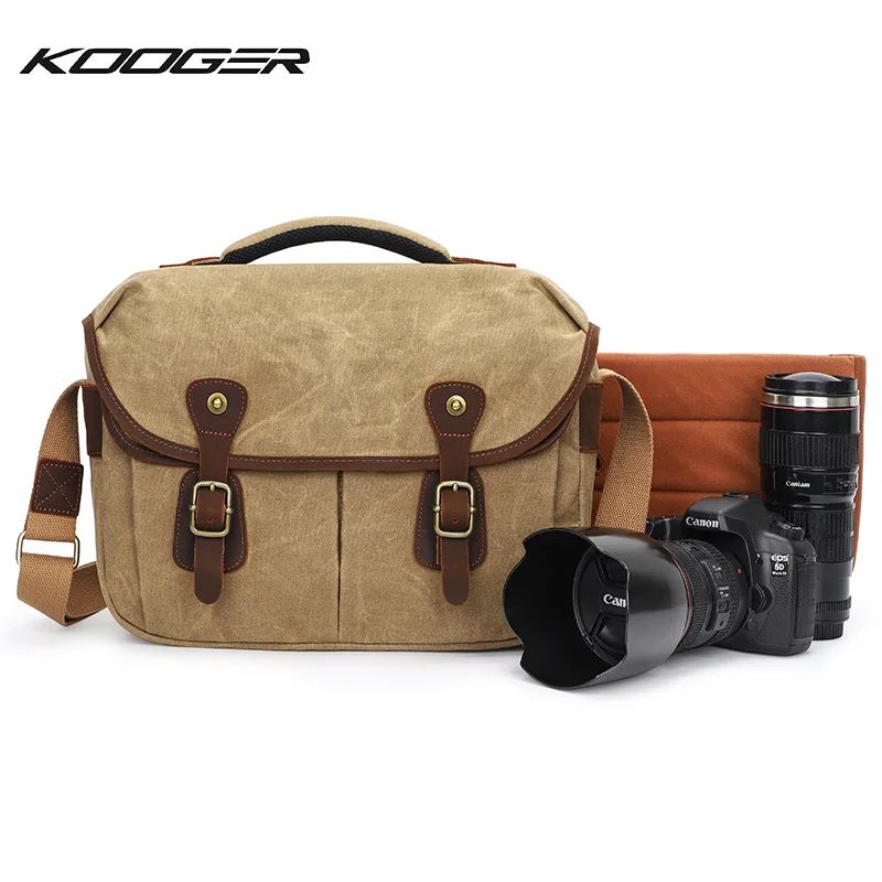 KOOGER Retro Kameratasche, wasserdicht, gewachstes Segeltuch, Fotografie, DSLR, Schulterkamera, Ausrüstung, Messenger-Taschen für Nikon, Canon, Sony