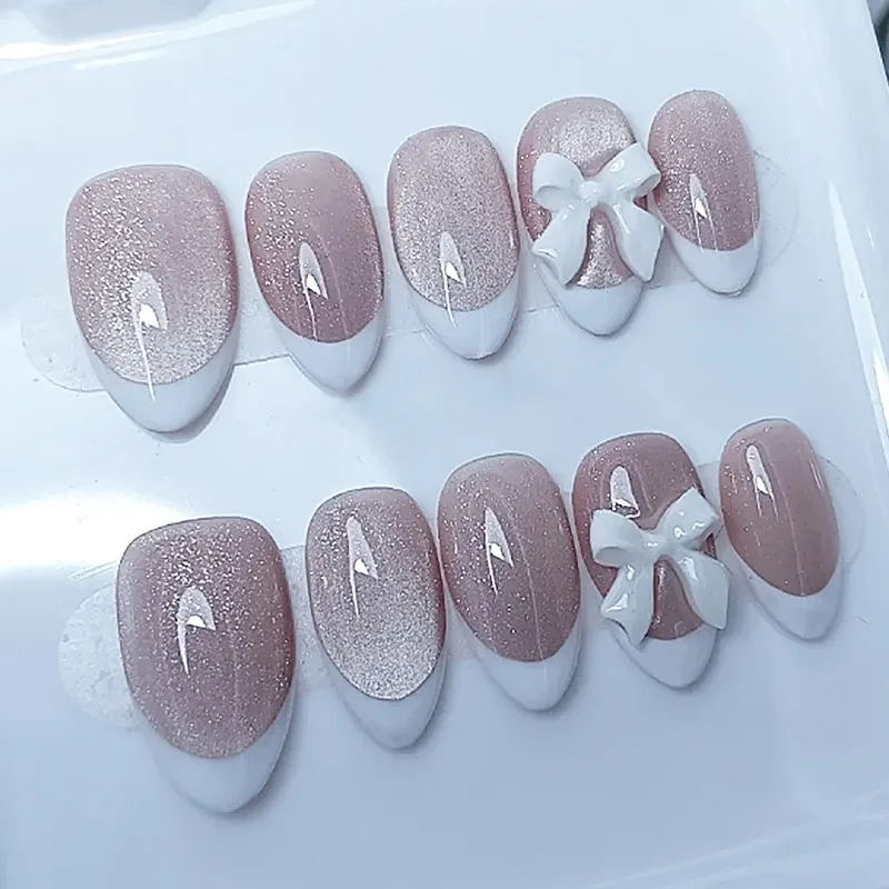 

24PCS Simple Nude Cat Eye Almond False Nail Tips Glossy White French with 3D Bowknot Press on Nails Full Cover Wearable Manicure