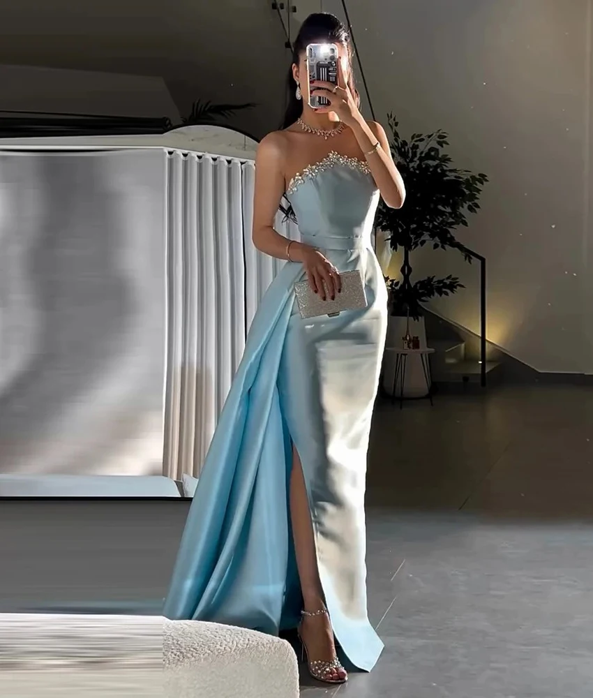 

MCDV Customized Sexy Satin Straight Crystal Evening Dress High Quality Strapless Sleeveless Floor Length Bespoke Occasion Gowns