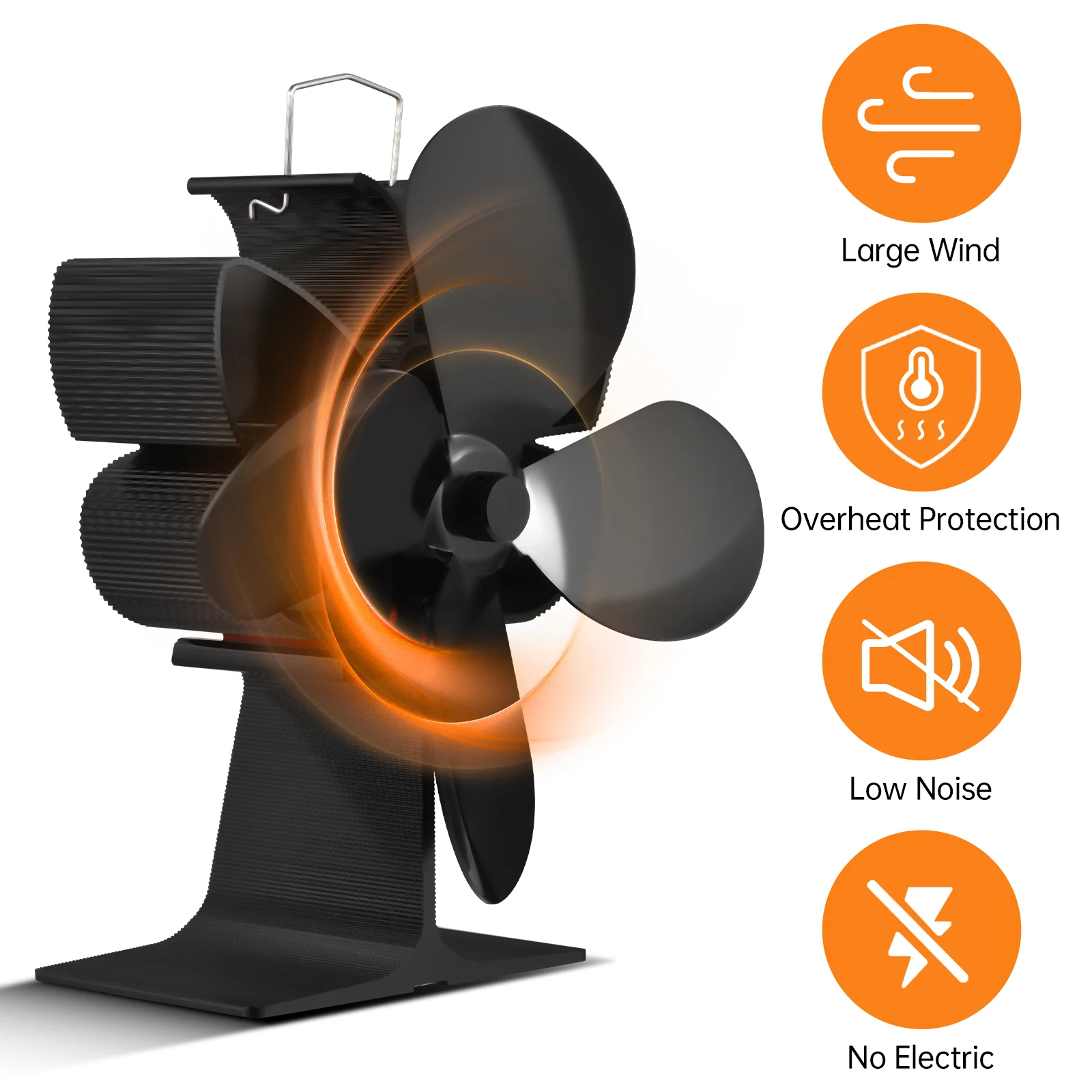 4 Blade Heat Powered Stove Fan with Carrying Handle and Overheating Protection Butterfly Heat Fan Non Electric Eco-Friendly