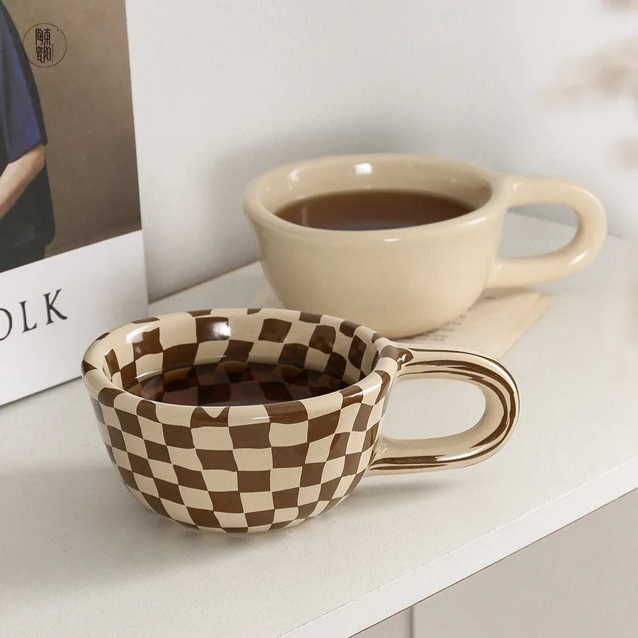 Korean Style Irregular Checkerboard Coffee Ceramic Mug Office Mug High Value Retro Milk Mug