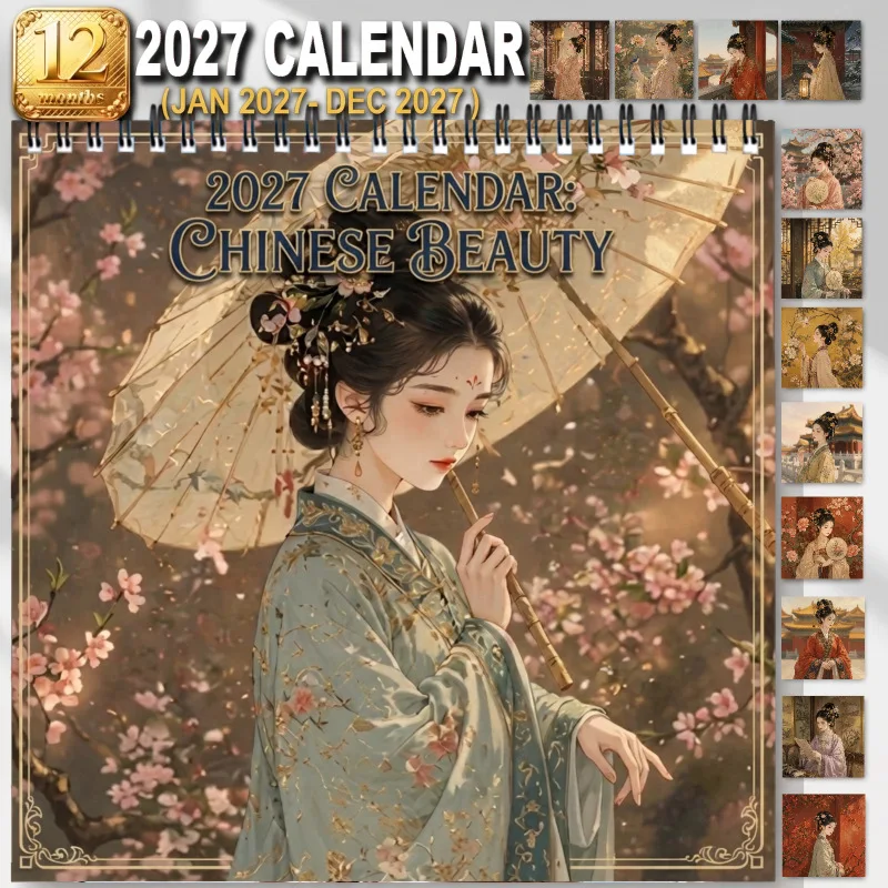 2027 Chinese Beauty Calendar Wall Calendar 12 Month Calendar Ancient Hanfu Lady Art Planner Oriental Home Decor Gift