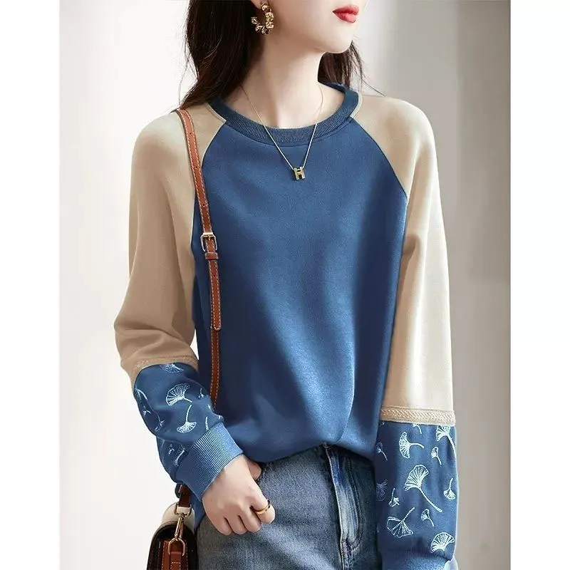 Spring and Autumn Fashion Trend Poor Shoulder Sleeve Round Neck Panel Loose Versatile Small Long Sleeve Casual Women's Sweater