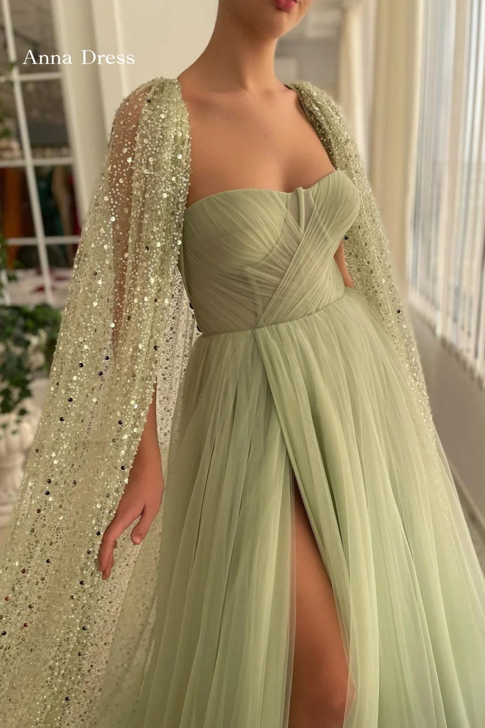 Anna Elegant Evening Dress Woman Shawl Heavy Evening Dresses 2024 Women gauze Green Luxury Dress for Weddings Side Slit Party