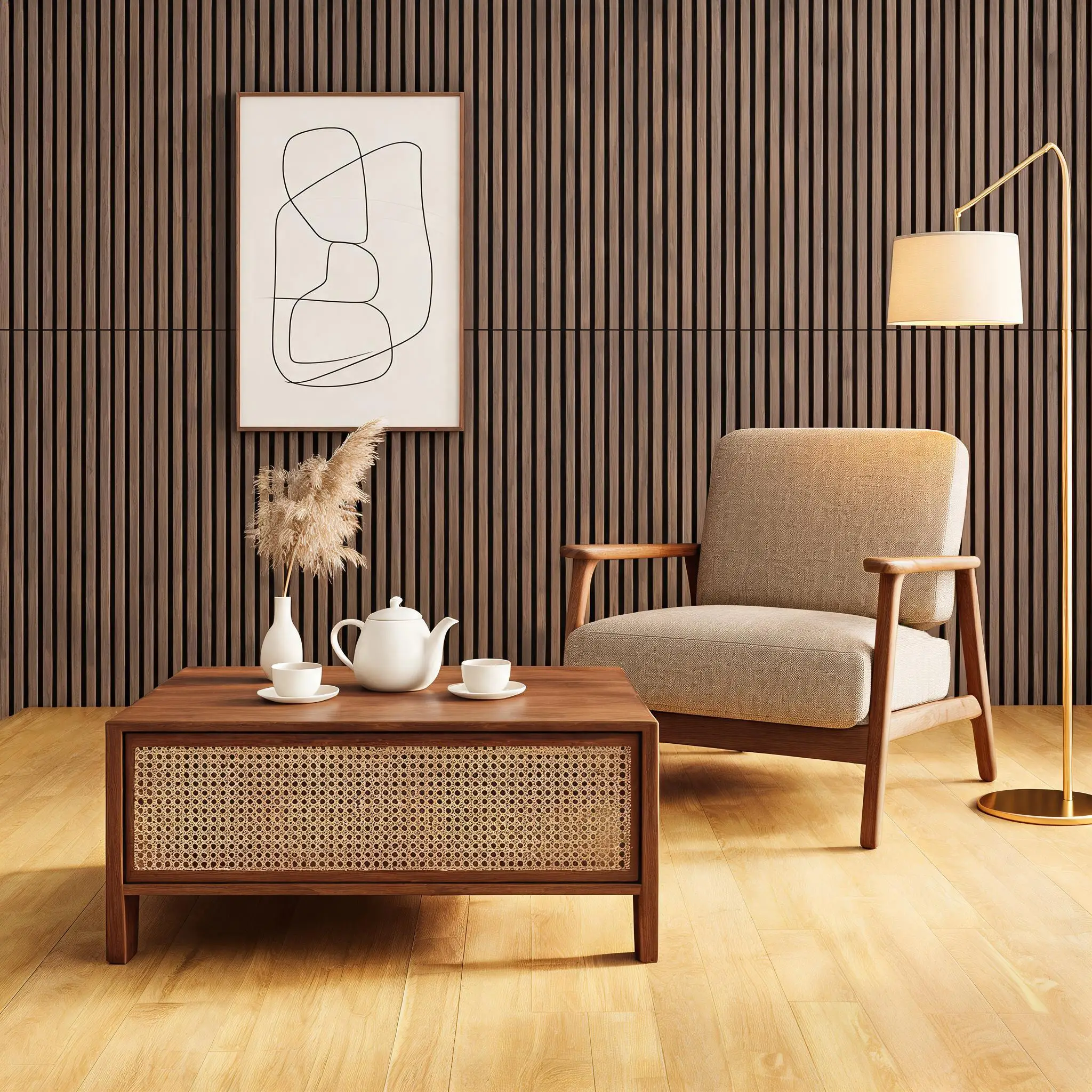 Pannelli acustici 3D da parete, 120x30 cm, con listelli in legno per l’assorbimento del suono – realizzati in MDF e feltro di poliestere, per pareti e soffitti in studi di registrazione, sale home