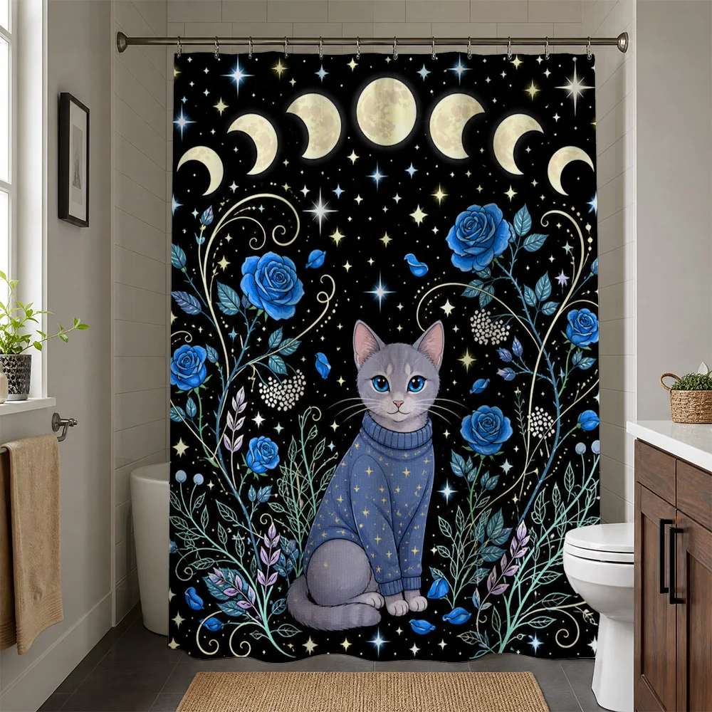 Whimsical Cat Celestial Shower Curtain Waterproof Boho Bathroom Tapestry Dark Blue Night Sky Moon and Roses Shower Curtain