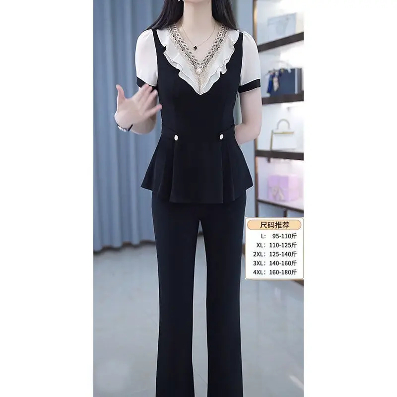 Summer New Simple Fashion Commuter Trousers Black Two Piece Set Elegant Office Lady Ruffles V-Neck Beading Short Sleeve Shirt