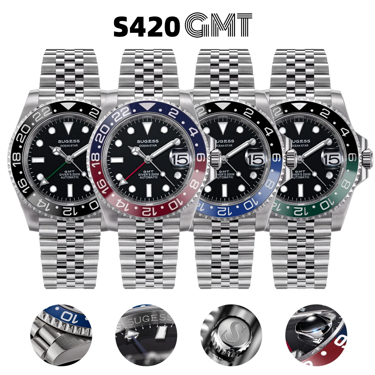 Sugess GMT Diving Watch of Men Automatic Mechanical Waterproof Wristwatches Japan NH34 Movement Ceramic Bezel Jubille Band New