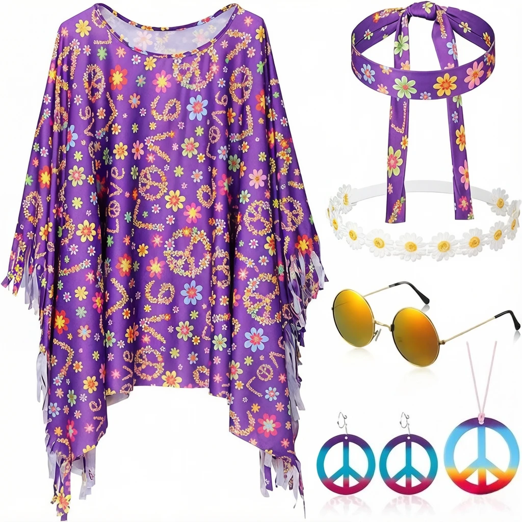 5Pcs Retro Bohemian Hippie Set, fresh purple style, casual cape design, perfect for summer beach, party and cosplay wear