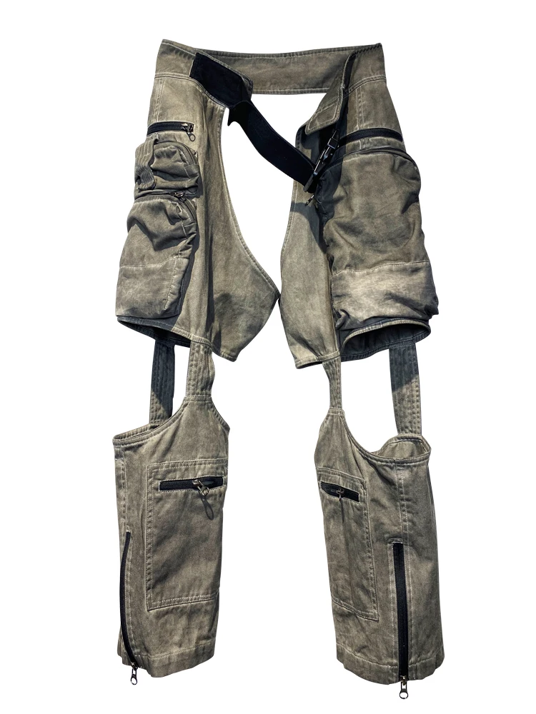 

Avant-Garde Style Wasteland Techwear Hollow Asymmetrical Cotton Dyed Old Overalls For men's Fashion