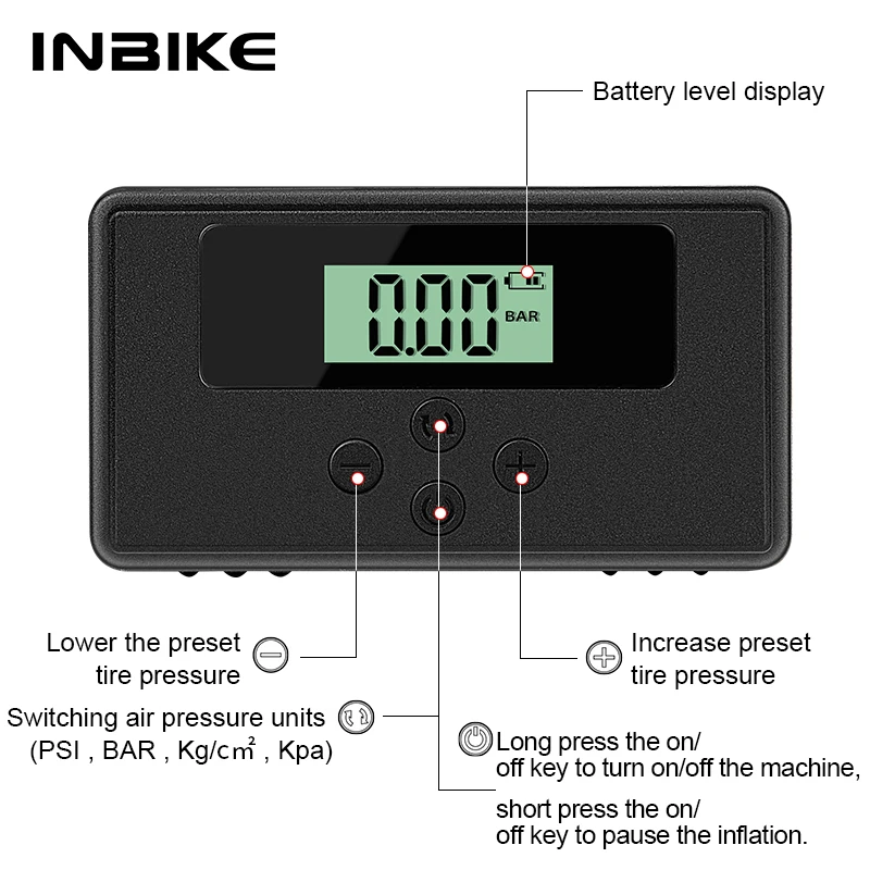 INBIKE Mini Bike Inflatable Pump Electric LED Display Bicycle Tire Pump 150 Psi Presta Schrader Valves MTB Cycling Accessories