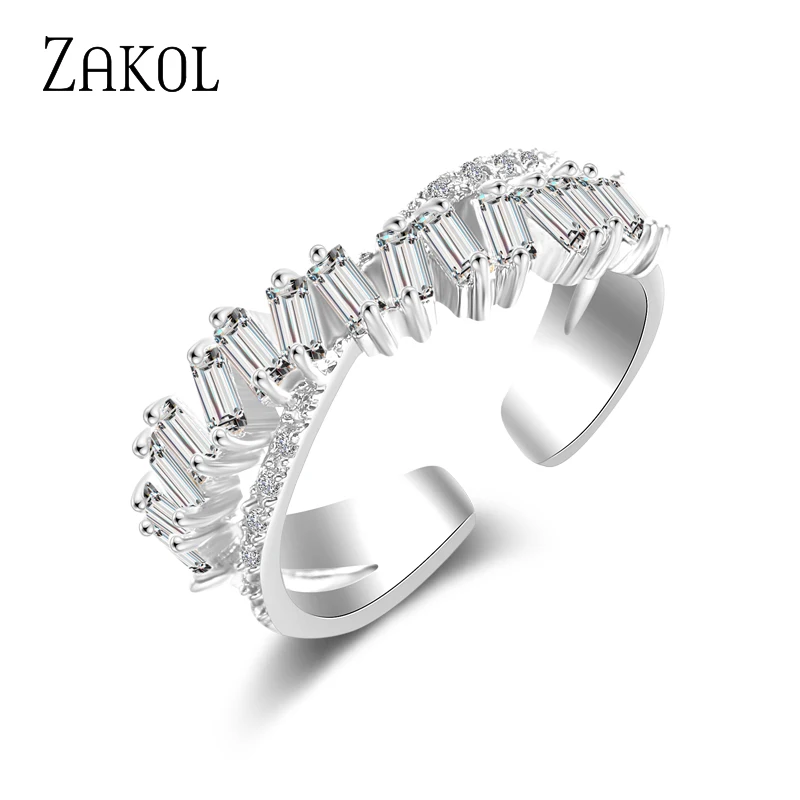 ZAKOL Fashion Baguette Zircon X Shape Open Rings Cross Adjustable Ring for Women Party Jewelry