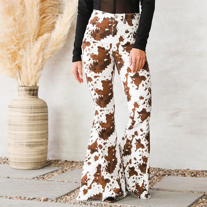 JY Autumn 2024 New Women\'s Jeans White Bottom Printed Brown High Waist Non Elastic Bellbottom Pants Elegant and Fashionable