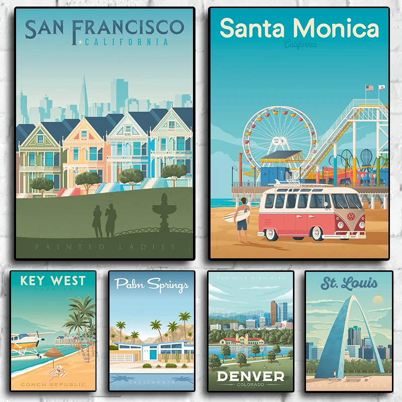 80s Pop Art United States Travel Poster America City Tour Painting Wall Art Home Decoration Office Room Decor Canvas Aestheti
