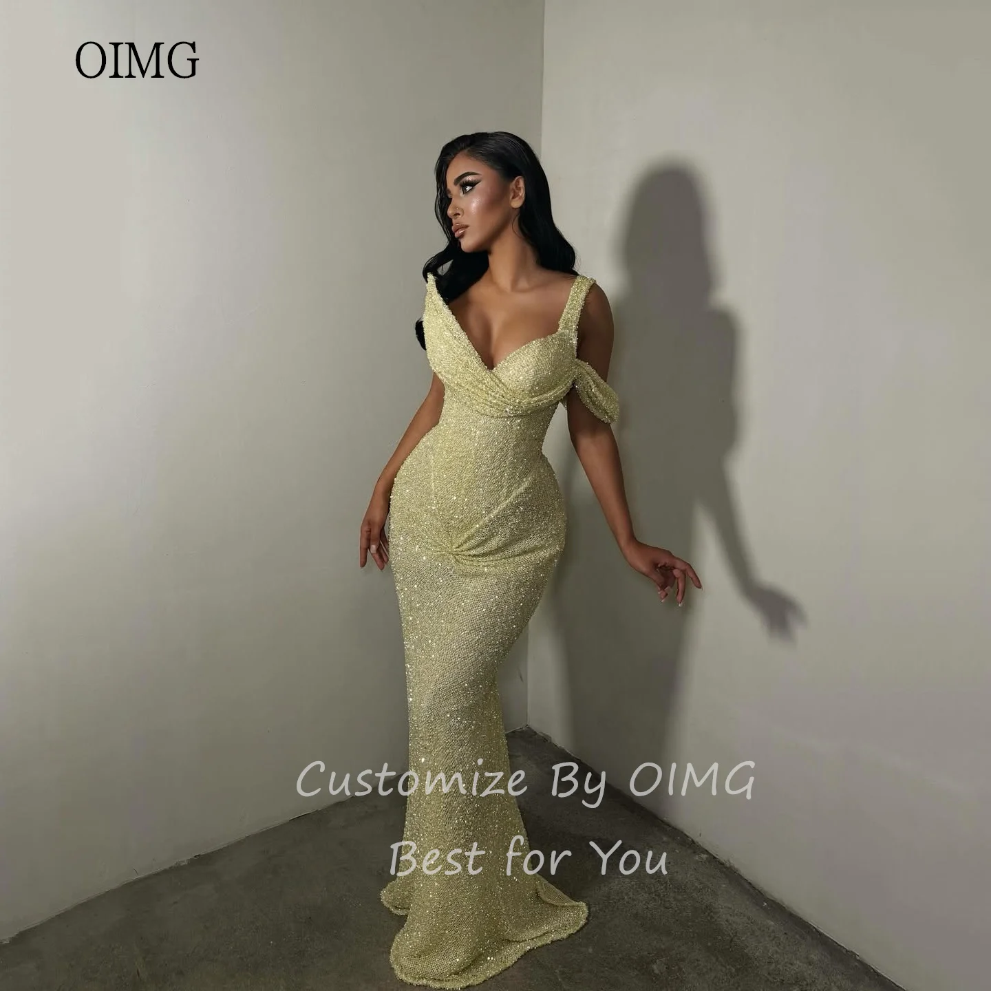 OIMG Shiny Elegant Mermaid Prom Gowns Yellow One Shoulder Party Gown Floor Length Evening Dress فساتين سهرة Customized image 4