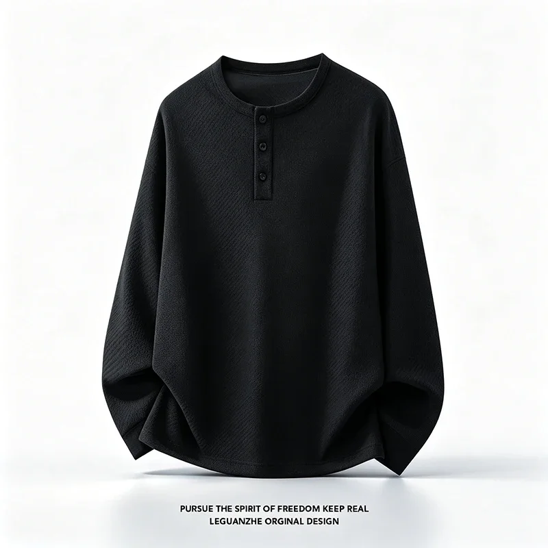 Mens Long Sleeve Henley Pullover Waffle Weave Fabric Button Notch Crew Neck Relaxed Streetwear Outfit