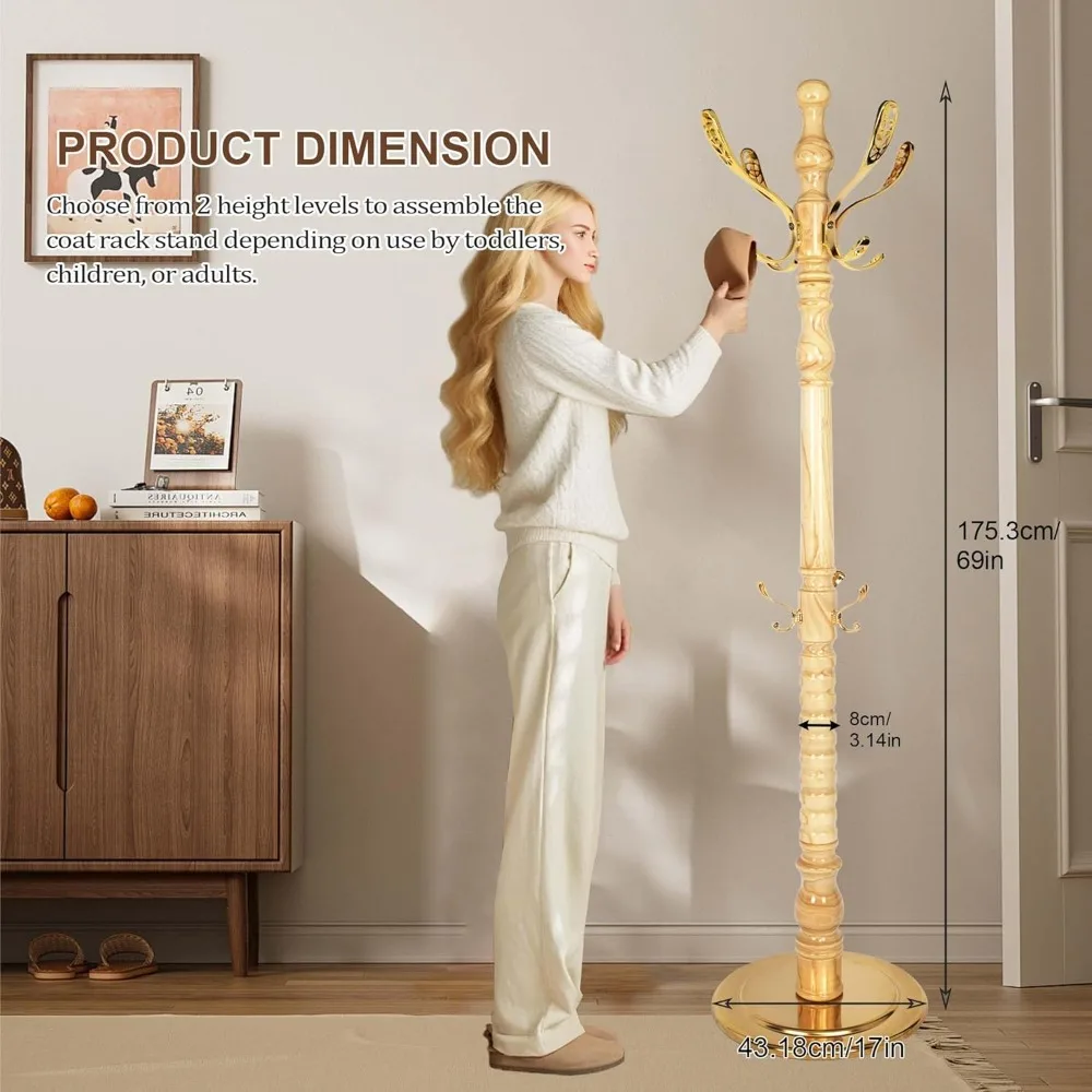 حامل معطف من الخشب الصلب على الطراز العتيق مع 14 خطافًا، قاعدة معدنية شديدة التحمل قائمة بذاتها، ارتفاع قابل للتعديل لمعاطف التعليق #2