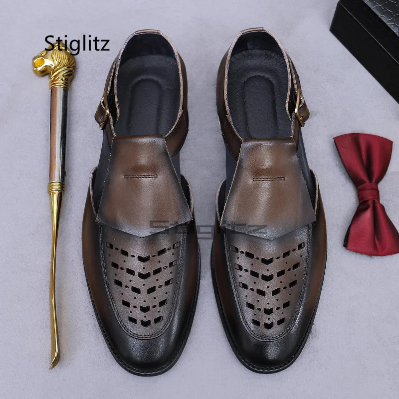 Men's Summer Hollow Leather Sandals Vintage Style Cowhide Business Dress Casual Shoes Black Brown Breathable Beach Shoes