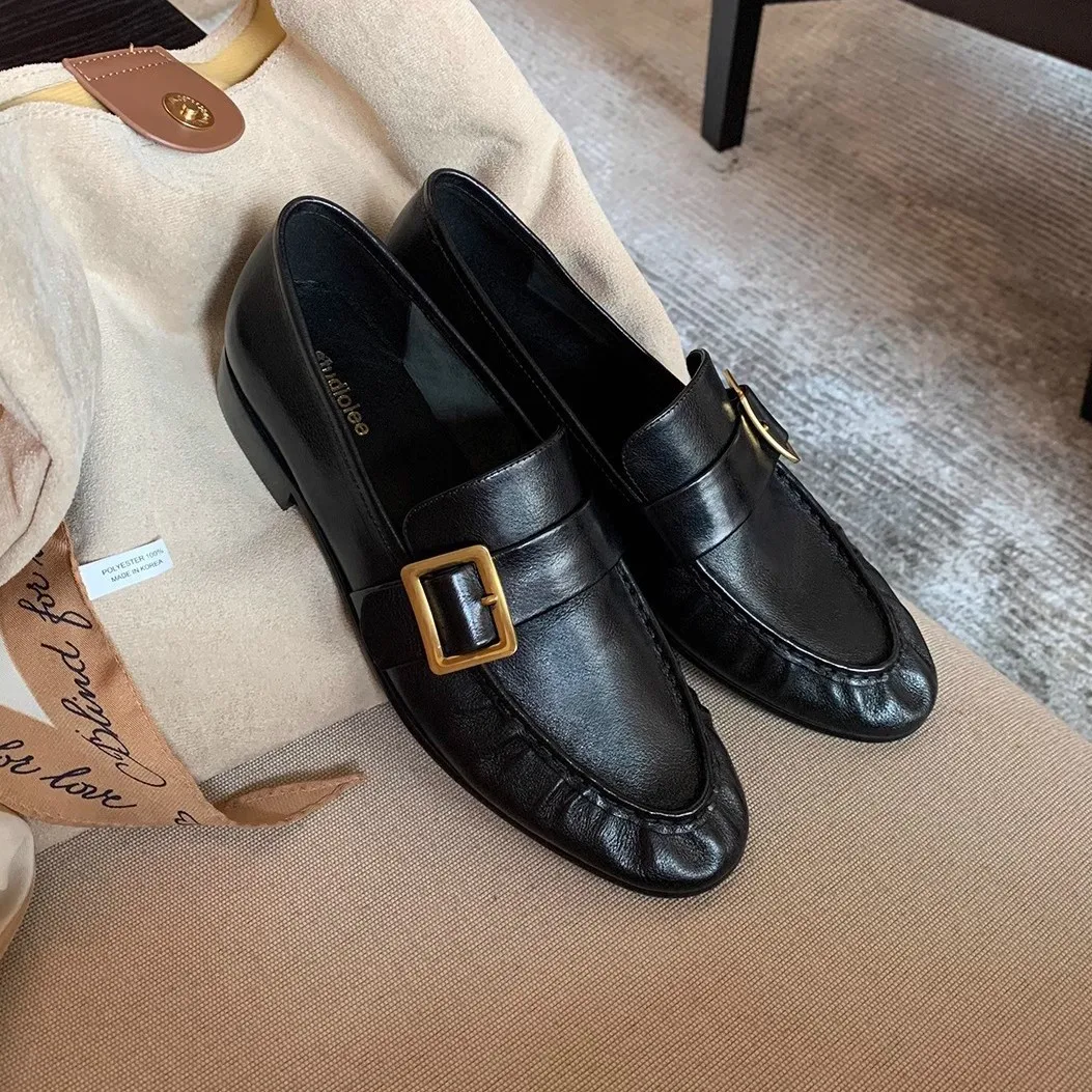 

Fashion Wrinkle Round Head Flats Women Soft Leather Shoes Outdoor Thick Heels Loafers Slip on Dress Shoes