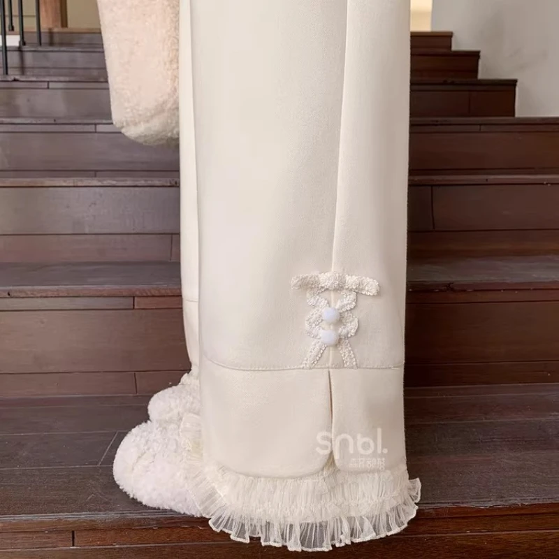 Korean Design Gentle Wind Drooping High Waist Straight Women's Casual Pants 2025 Winter New Lace Woolen Wide-leg Trousers Ladies
