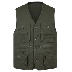 New Classic Summer Men Vest Cotton Button Multi Pocket Sleeveless Jacket Coat Solid Color Outdoor Fishing Waistcoat Plus Size
