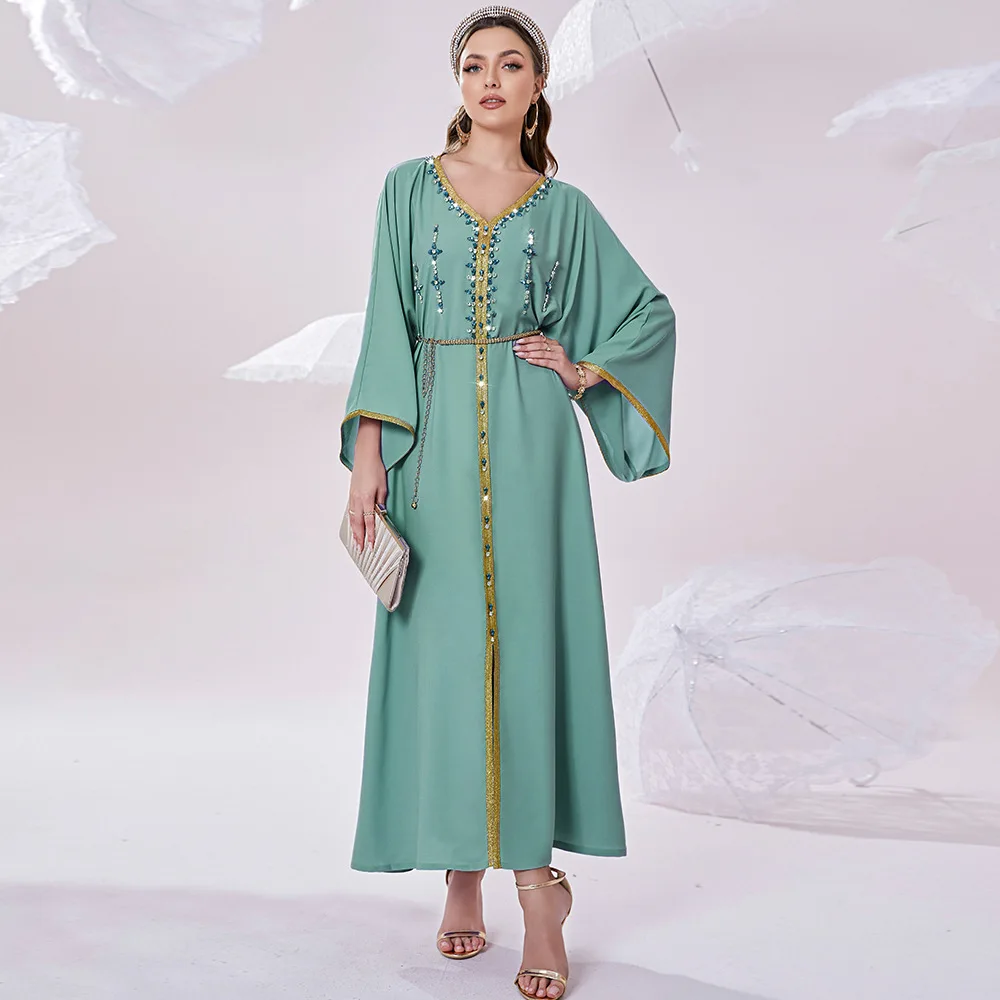 BA7061 Bean Green Handmade Sewn Diamond Tourism Sleeveless Dress Robe Abaya