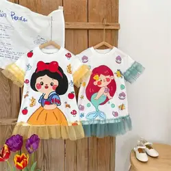 Summer Girls Dress for Children Large Swing Dress for Cartoon Printed Short Sleeved Dress Short Sleeve  Carnival Party Dresses