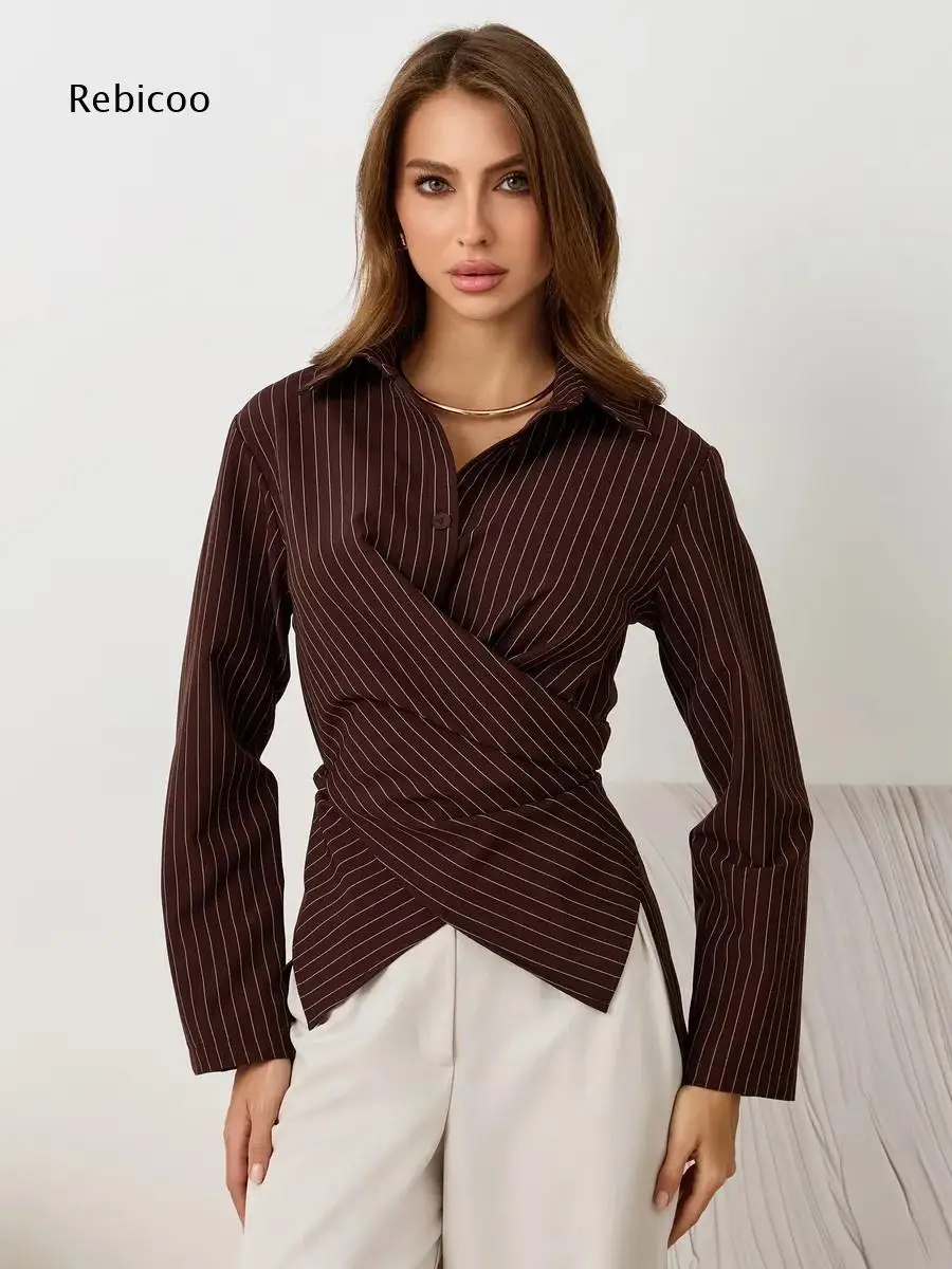 Striped Cross Wrap Waist Tie Blouse For Women Lapel Collar Long Sleeve Irregular Hem Shirt For Commute Dating Daily Occasions