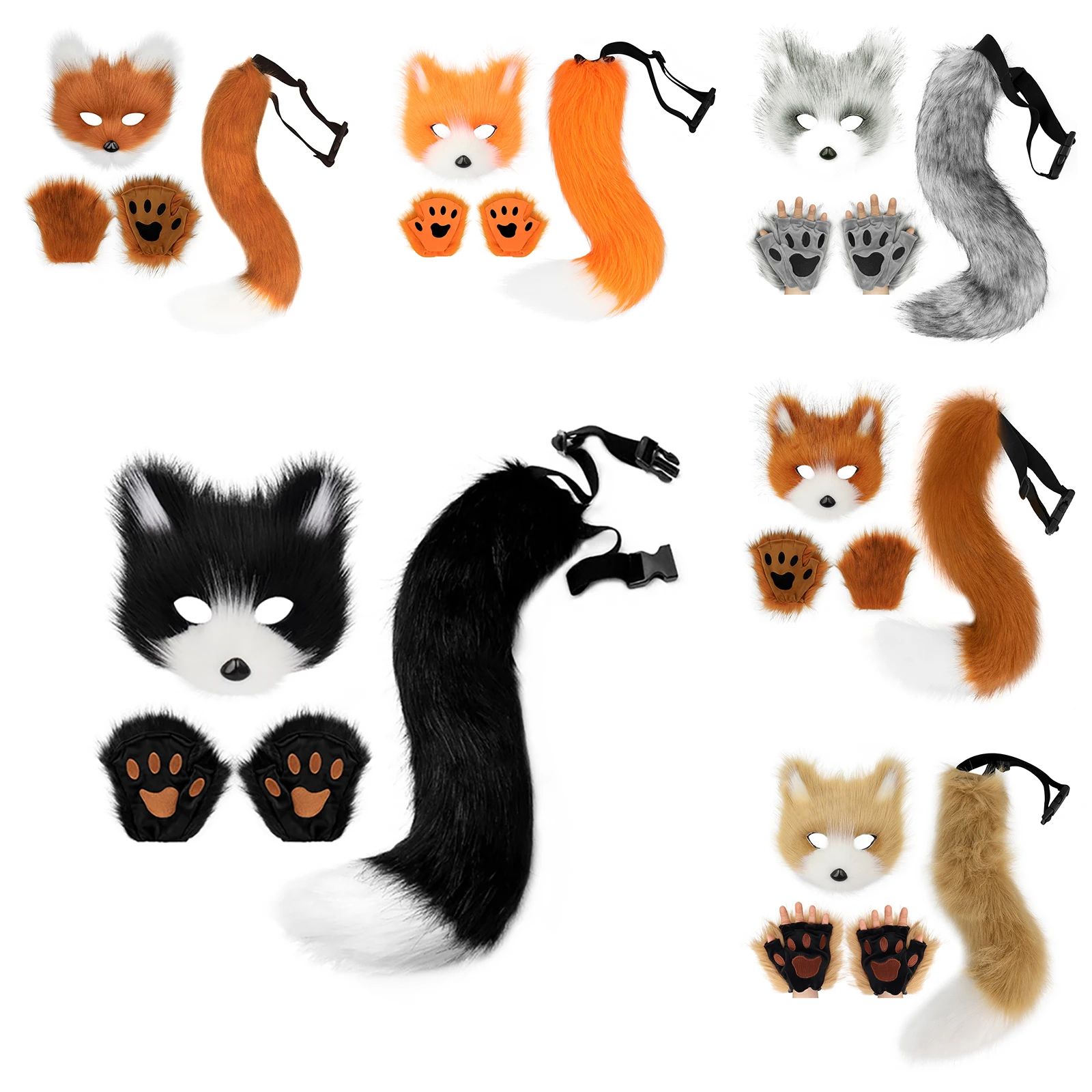 Girls Women Faux Fur Fox Tail Cat Wolf Cosplay Costume Set Plush Mask Fluffy Paw Gloves Halloween Christmas Party